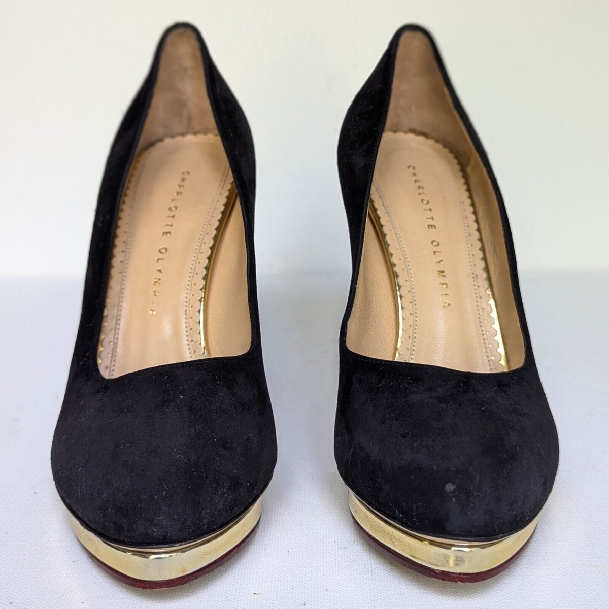 Charlotte Olympia Black Suede & Gold Debbie Pumps Women's 39 / 8.5