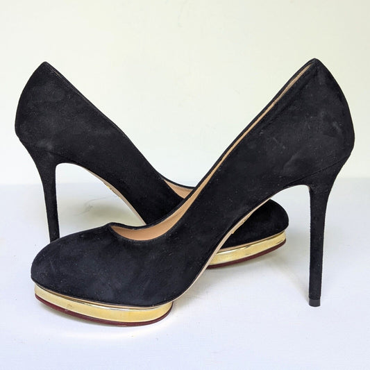 Charlotte Olympia Black Suede & Gold Debbie Pumps Women's 39 / 8.5