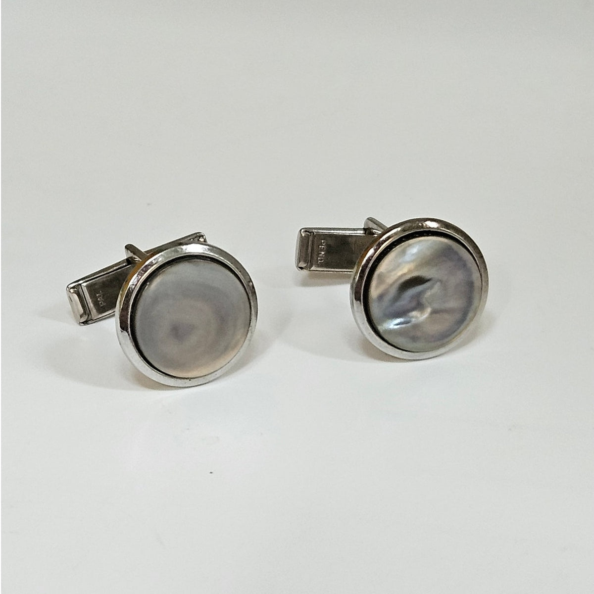 Vintage MCM Gray Mother of Pearl Cufflinks | Silver Tone Round Quiet Luxury