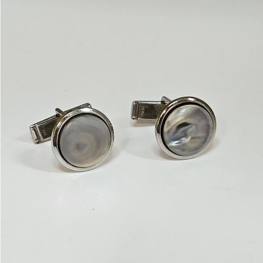 Vintage MCM Gray Mother of Pearl Cufflinks | Silver Tone Round Quiet Luxury