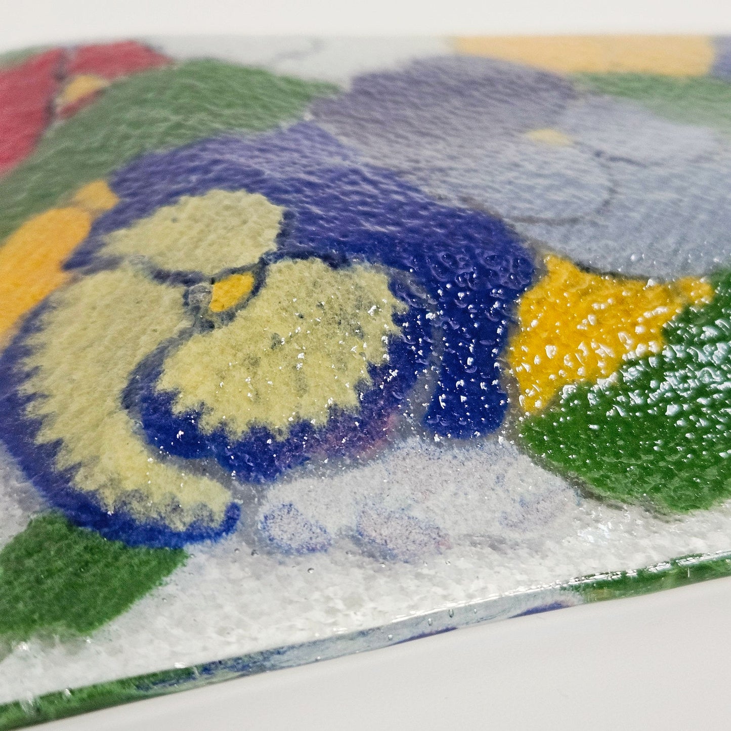 1990s Peggy Karr Pansies Fused Art Glass Rectangular Tray Trinket Dish
