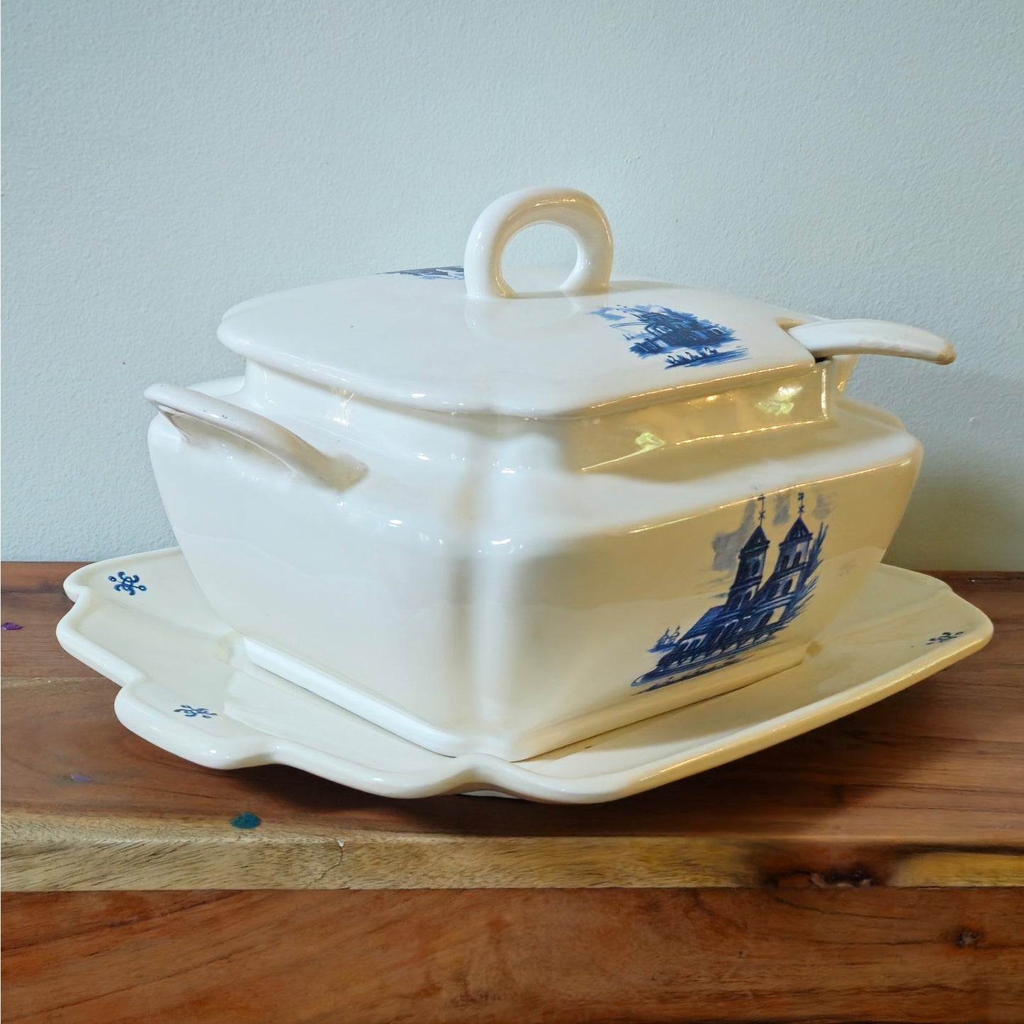 1970s Blue and White Covered Tureen with Underplate and Ladle