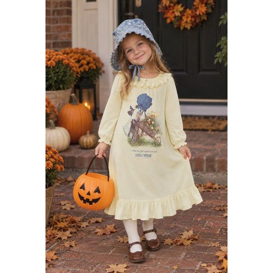 1980s Holly Hobbie Yellow Ruffle Flannel Dress | Girls 5/6