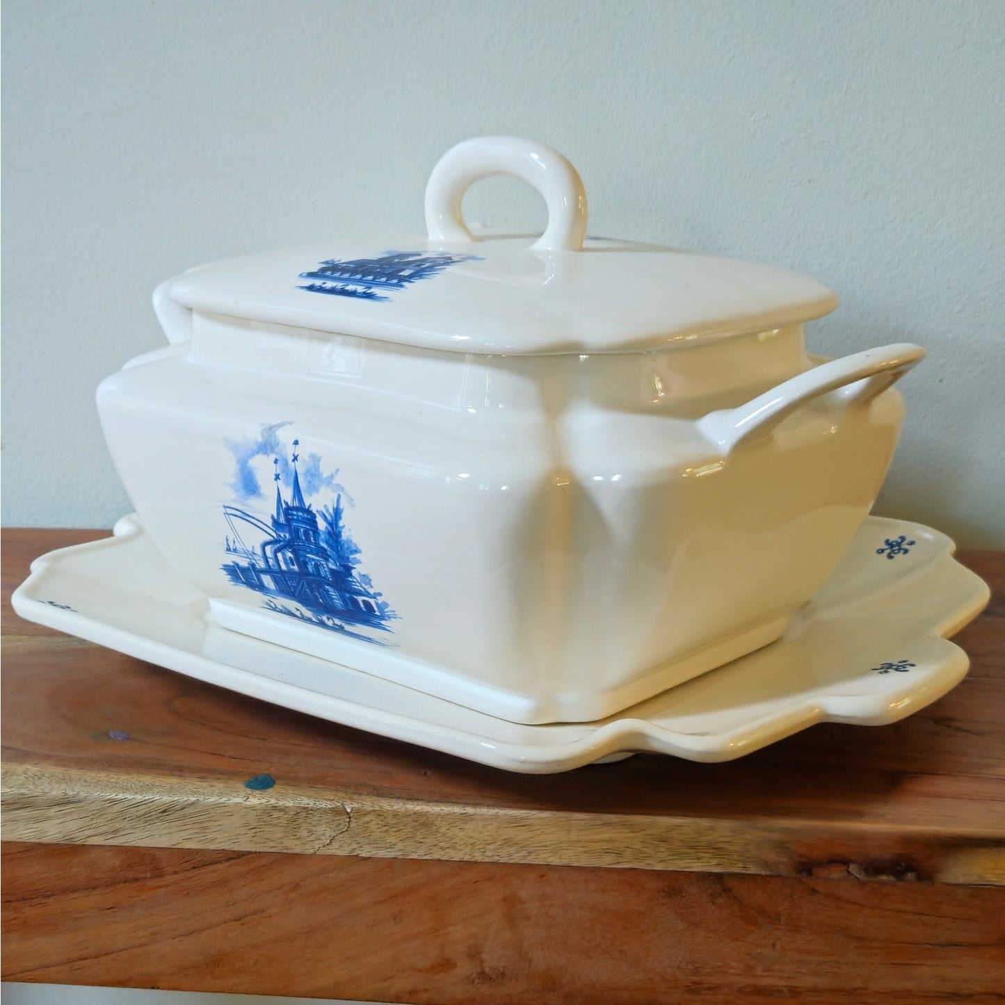 1970s Blue and White Covered Tureen with Underplate and Ladle