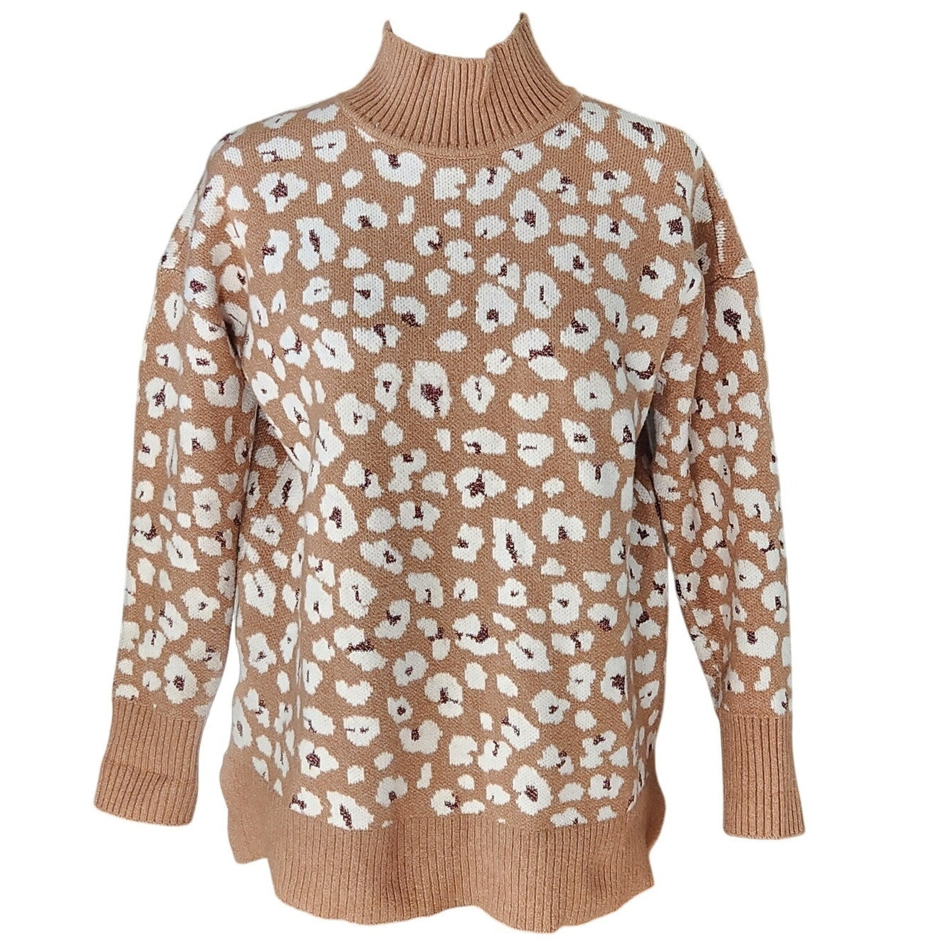 Leopard Print Mock Neck Sweater with Metallic Accents | Women's M