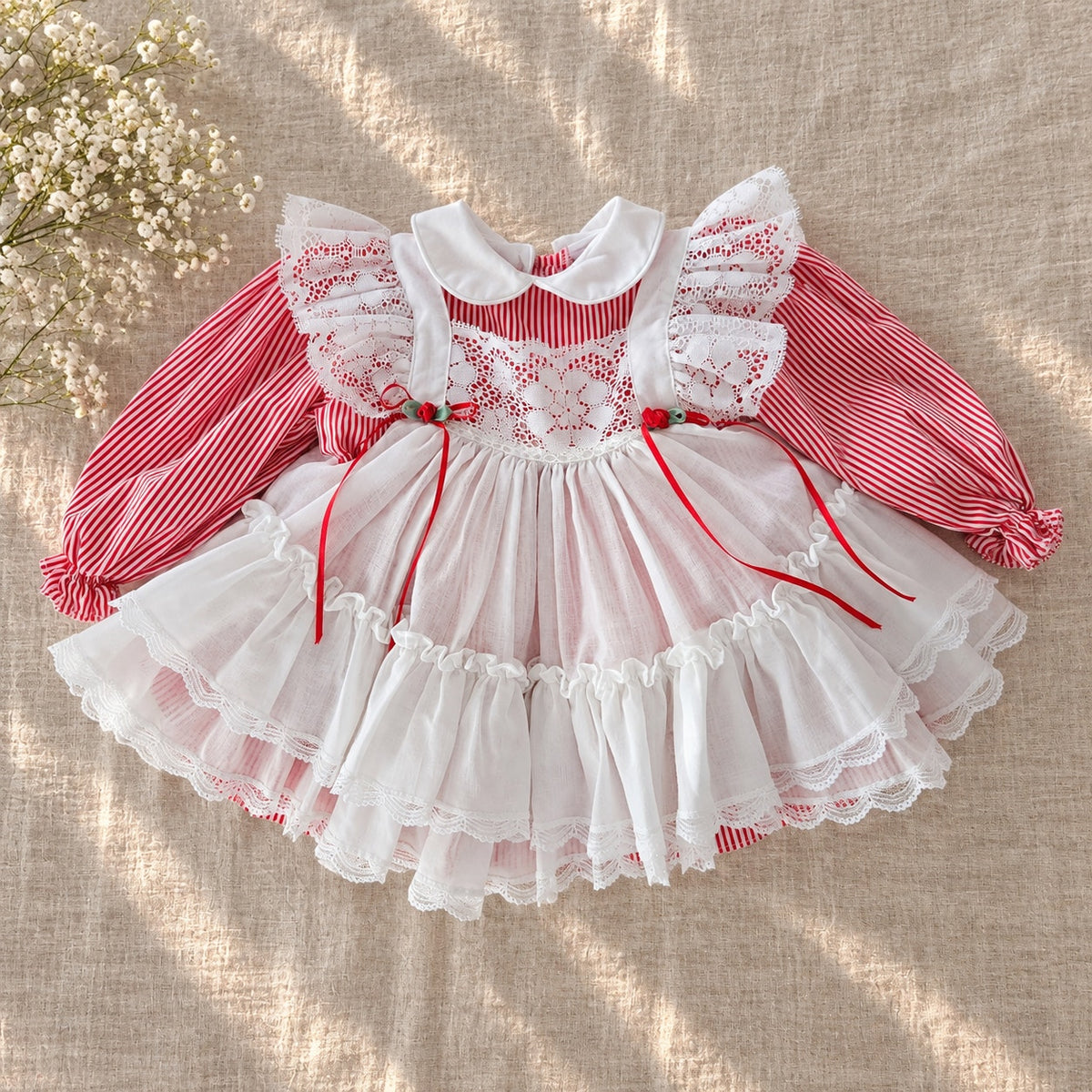 1980s Bryan Red Lace Pinafore Christmas Baby Dress | 12M