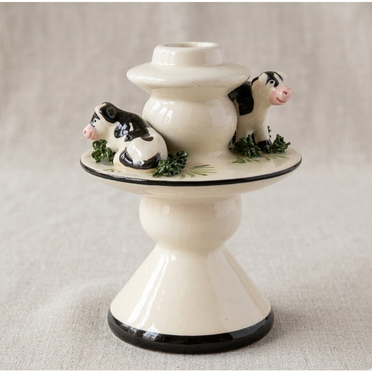 Vintage 1990s L.A. Ceramics Hand-Painted Cow Cottagecore Candle Holder