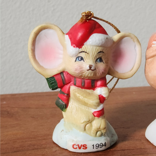 Vintage CVS Christmas Ornament Set |  1990s Mouse, Santa, Angel, Bear