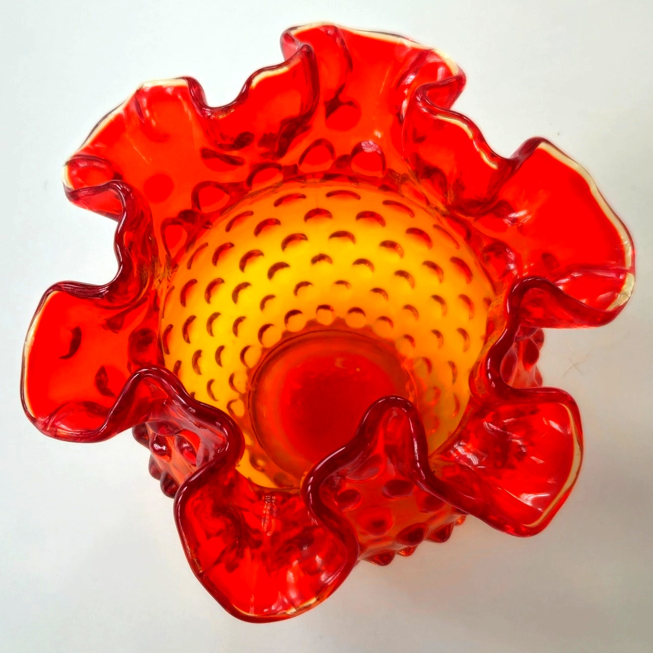 Vintage Amberina Hobnail Glass Rose Bowl
