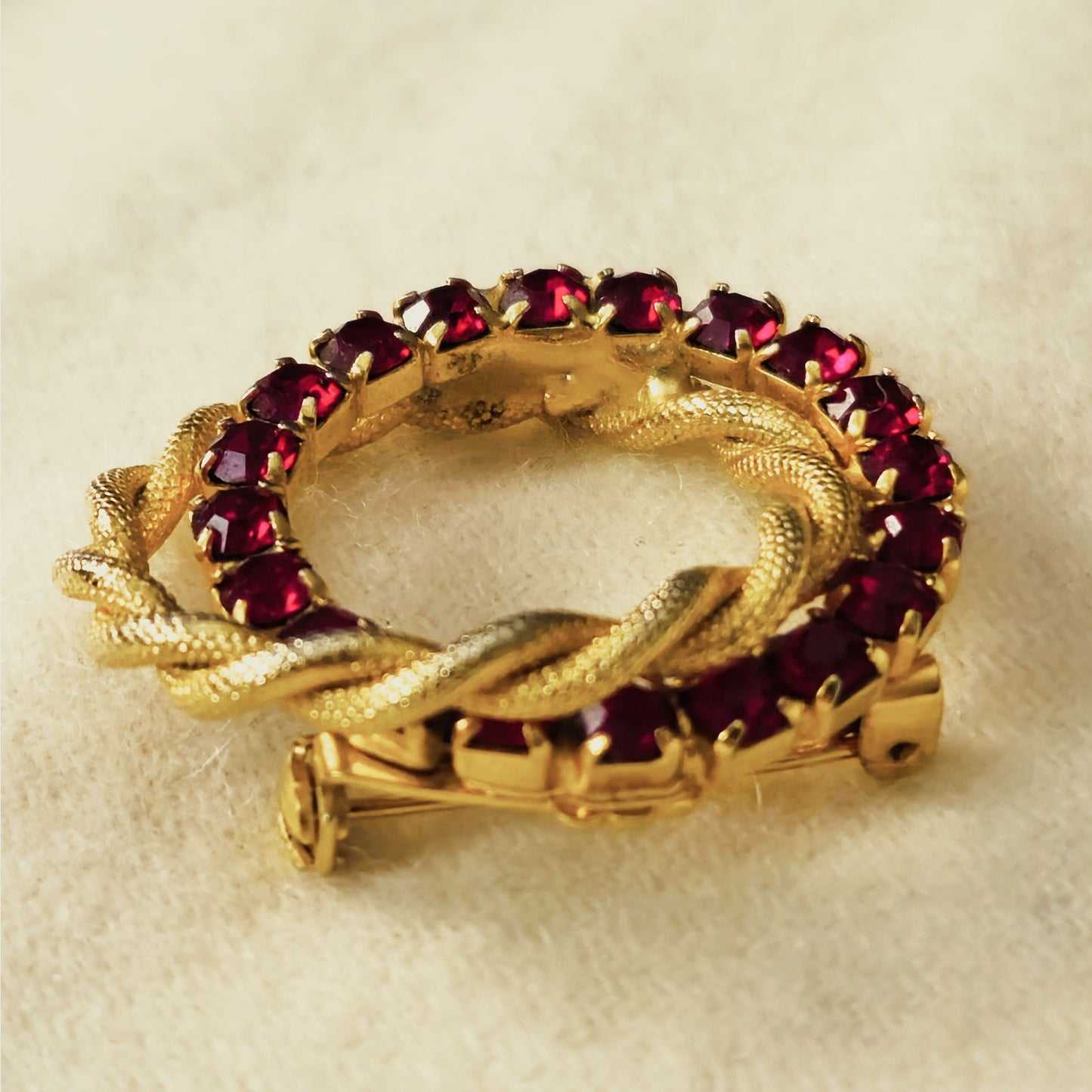 Vintage Red Rhinestone and Gold Tone Wreath Brooch |  Mid Century Circle Pin