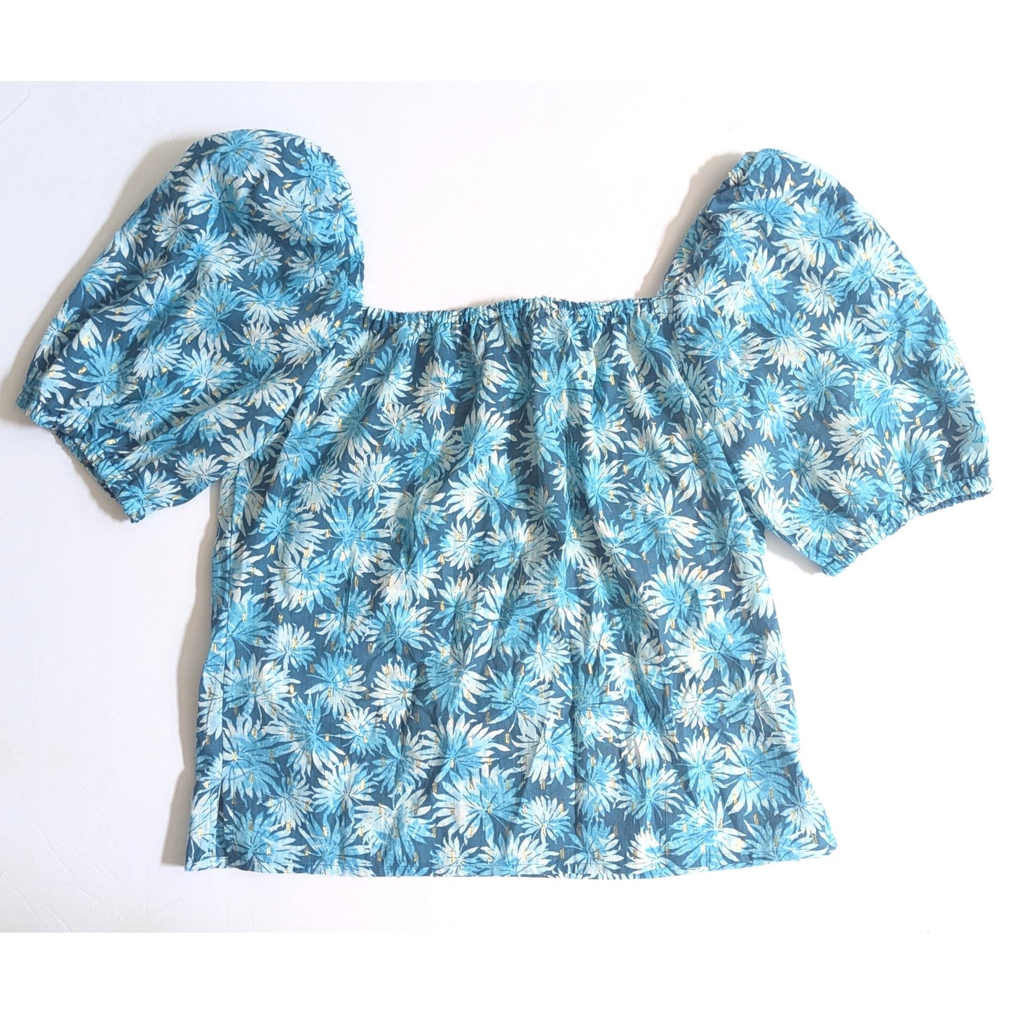 Michael Kors Off Shoulder Metallic Gold Detail Floral Blouse in Nassau Teal Size S