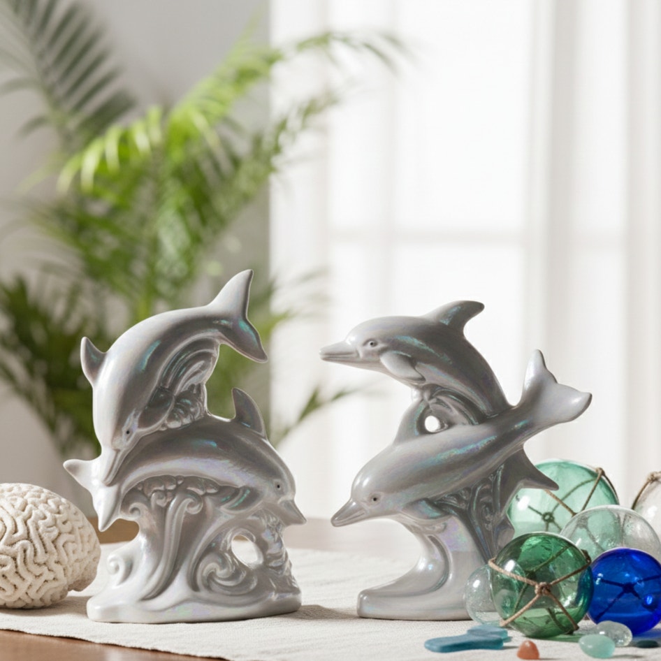 Pair of Vintage 1980s Iridescent Dolphin Figurines