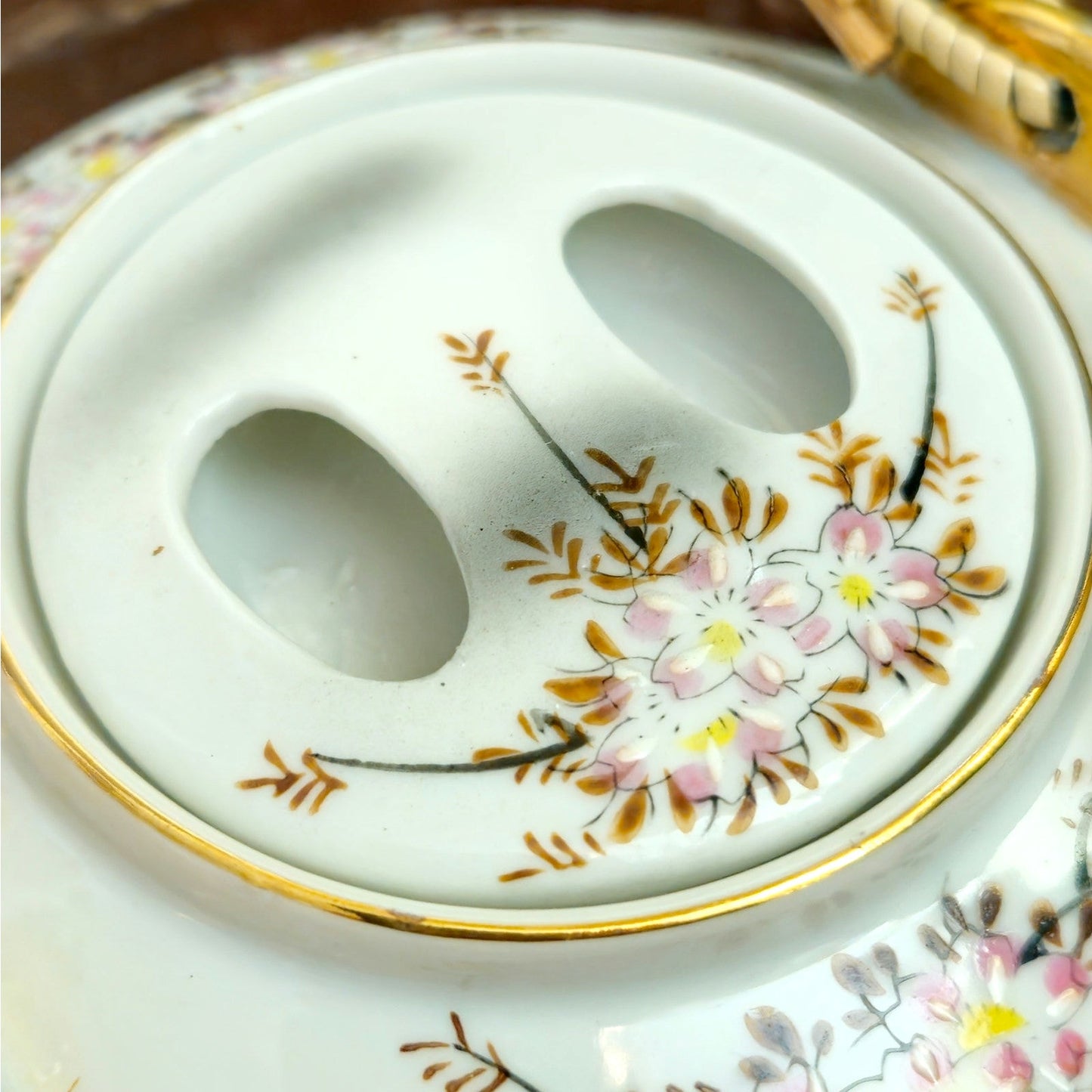 Mid-Century Japanese Cherry Blossom Porcelain Teapot with Rattan Handle | Vintage 1950s