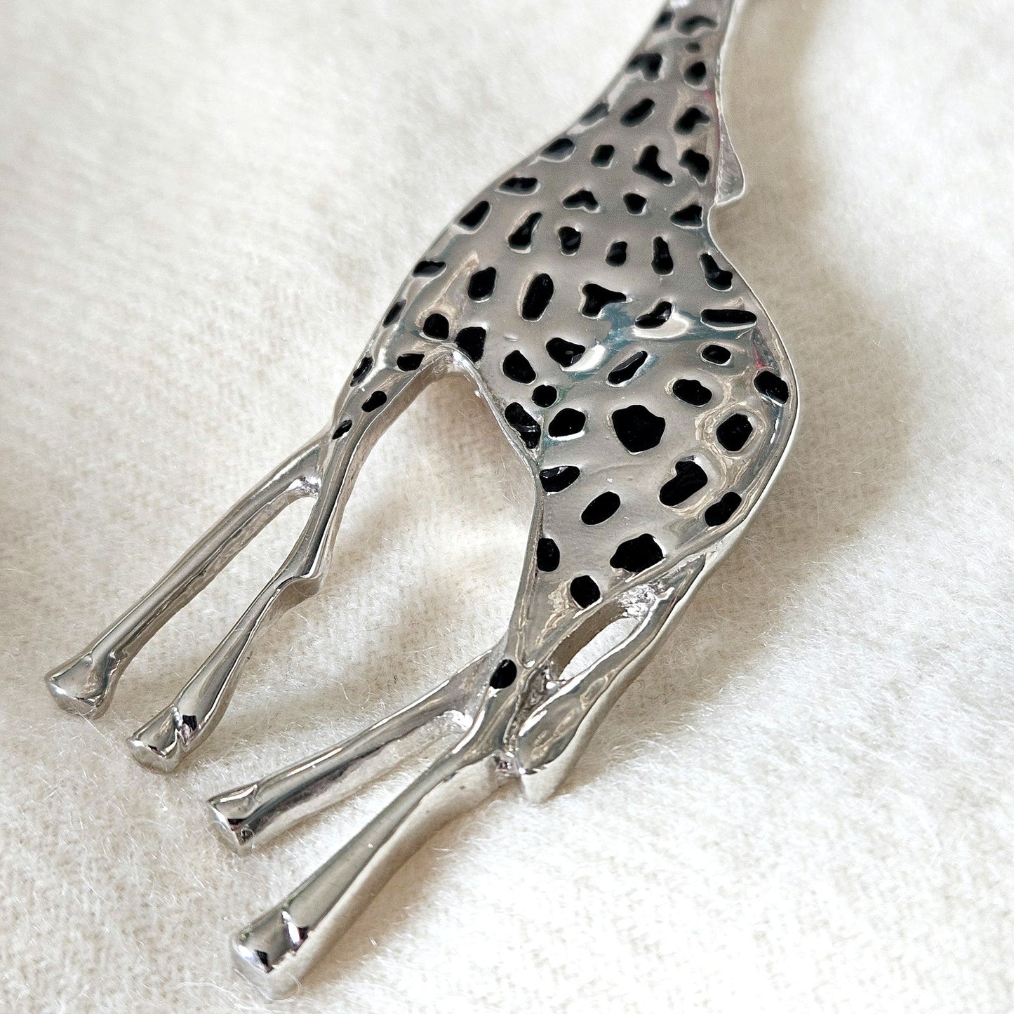 Vintage Giraffe Brooch | 1990s Silver Tone with Emerald Eyes Animal Pin