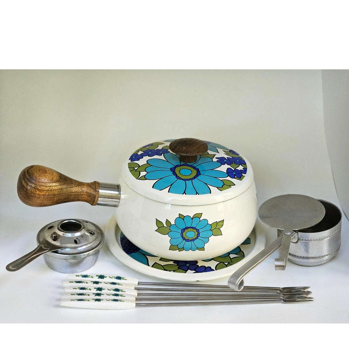 1970s Blue Floral Fondue Set