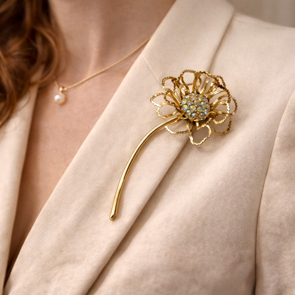Vintage Sarah Coventry Allusion Brooch | Mid-Century Gold Floral Rhinestone