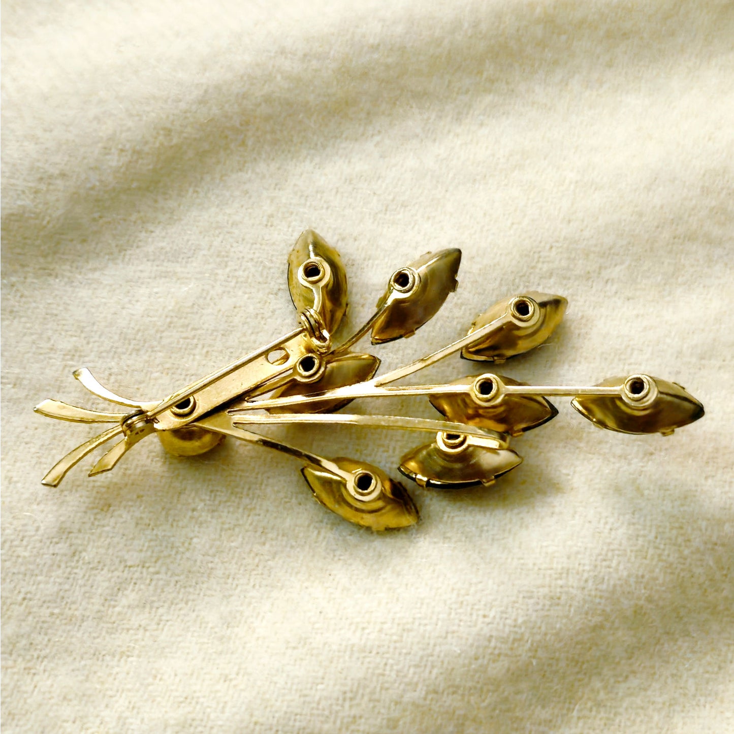 Vintage Blue Rhinestone Spray Brooch | Mid Century Sapphire Gold Navette Pin