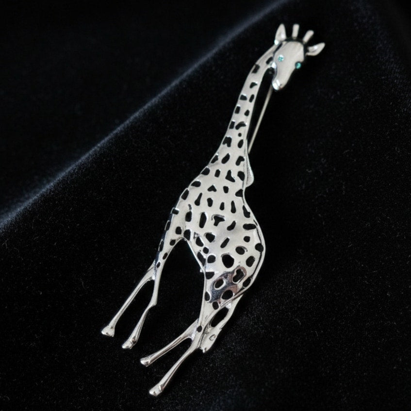 Vintage Giraffe Brooch | 1990s Silver Tone with Emerald Eyes Animal Pin
