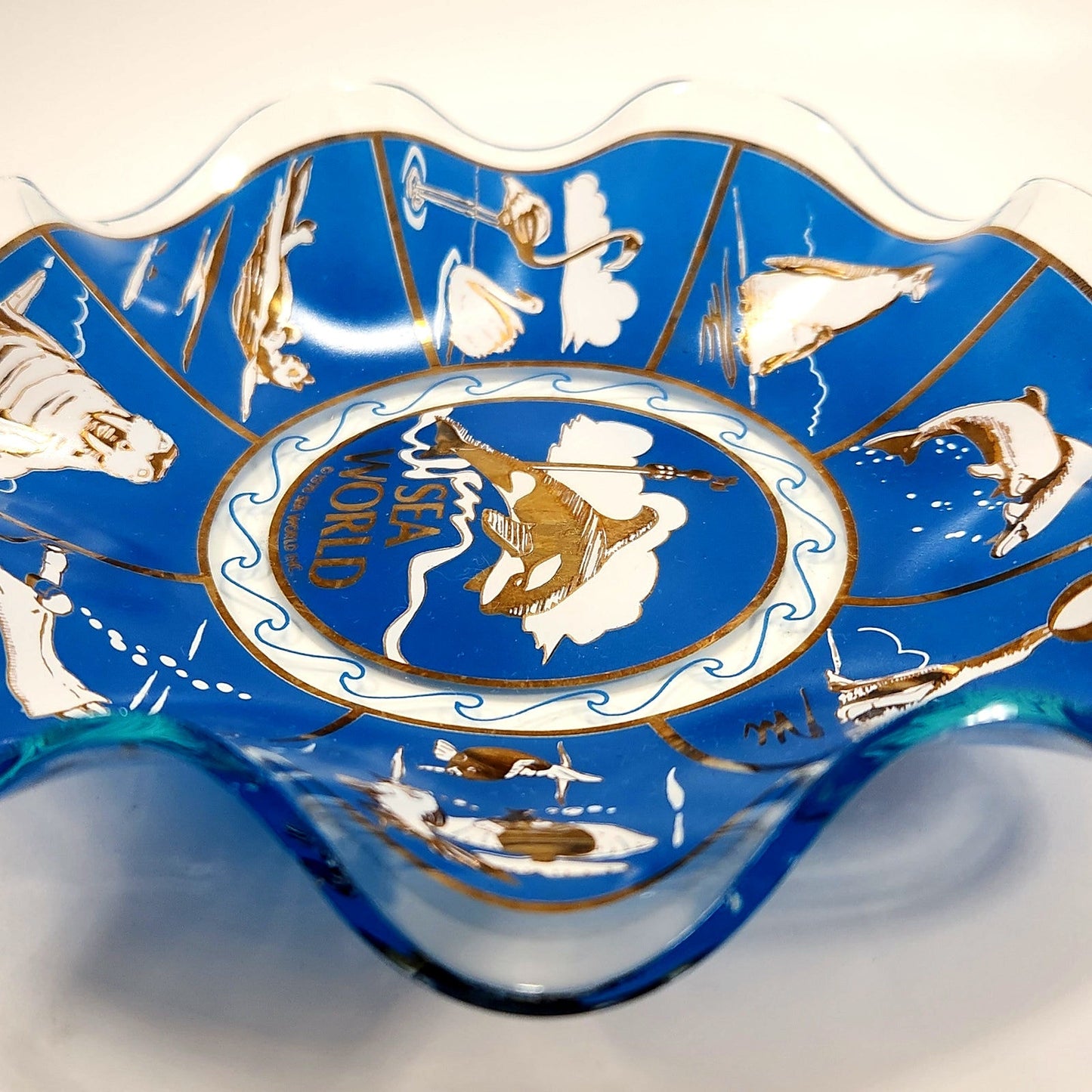 Vintage Sea World Souvenir Blue Glass Ruffled Edge Dish | 1970s Retro Shamu