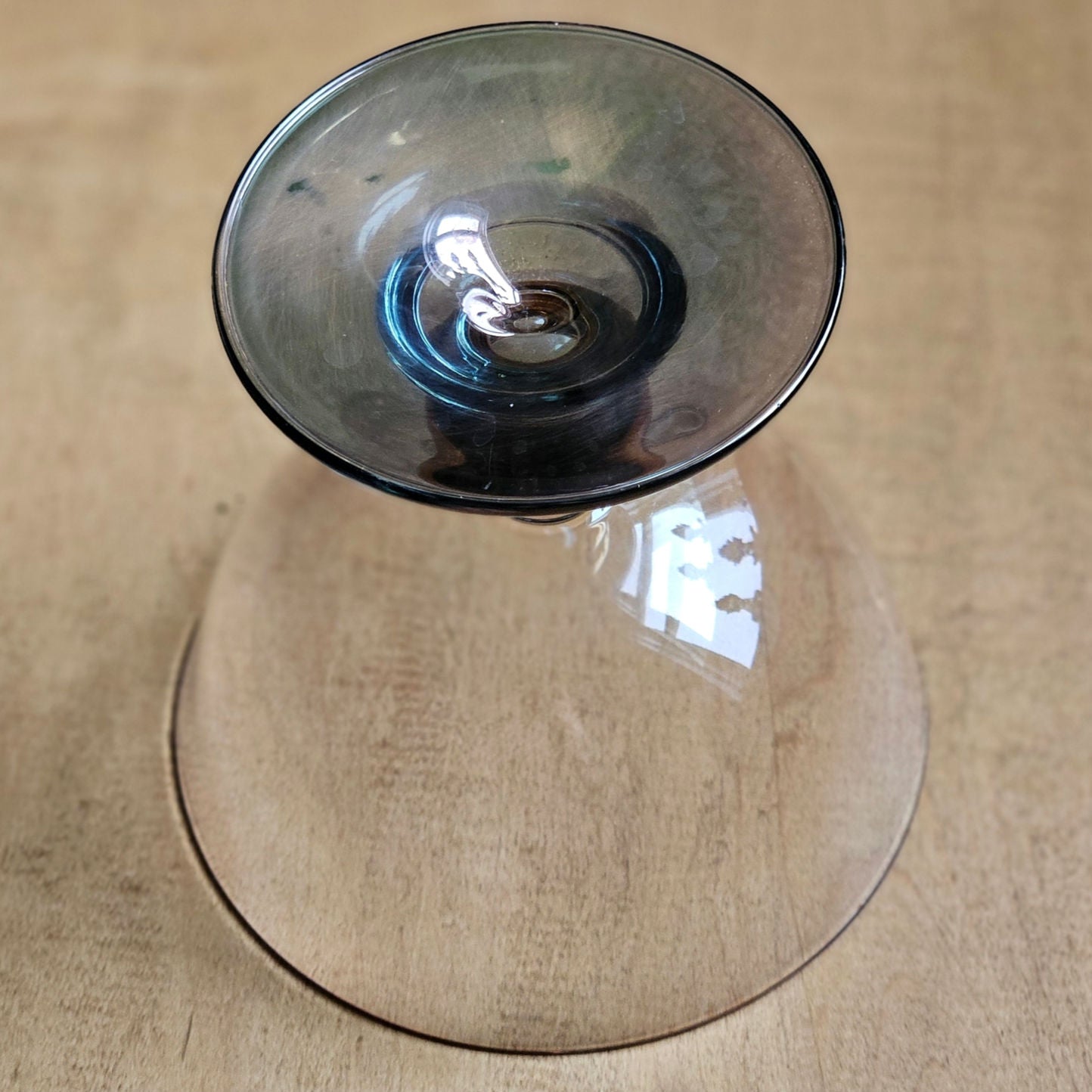 Vintage MCM Blush & Smoke Art Deco Glass Cocktail Coupes – Set of 2 Rose Copper Teal