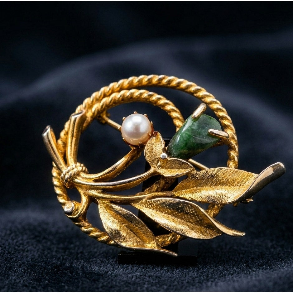 1960s Gold Leaf Brooch with Pearl & Green Stone