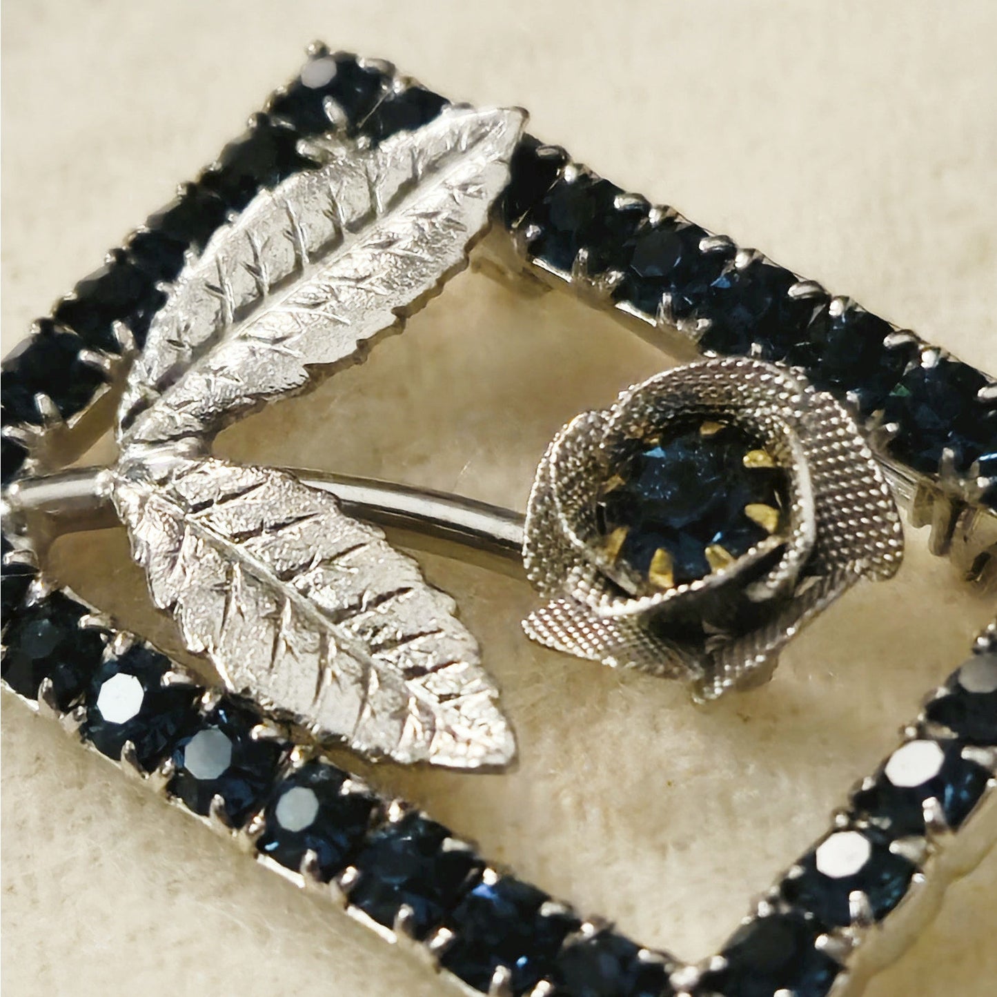 Vintage Mid-Century Blue Rhinestone Flower Brooch | Sapphire Rectangular Pin