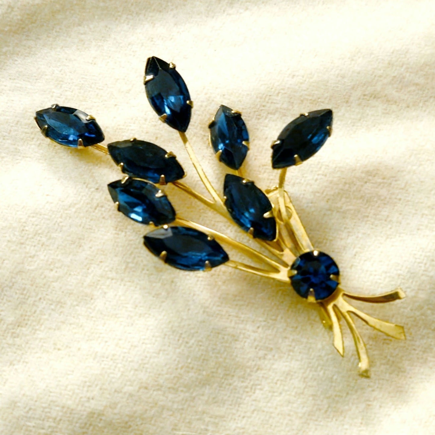 Vintage Blue Rhinestone Spray Brooch | Mid Century Sapphire Gold Navette Pin