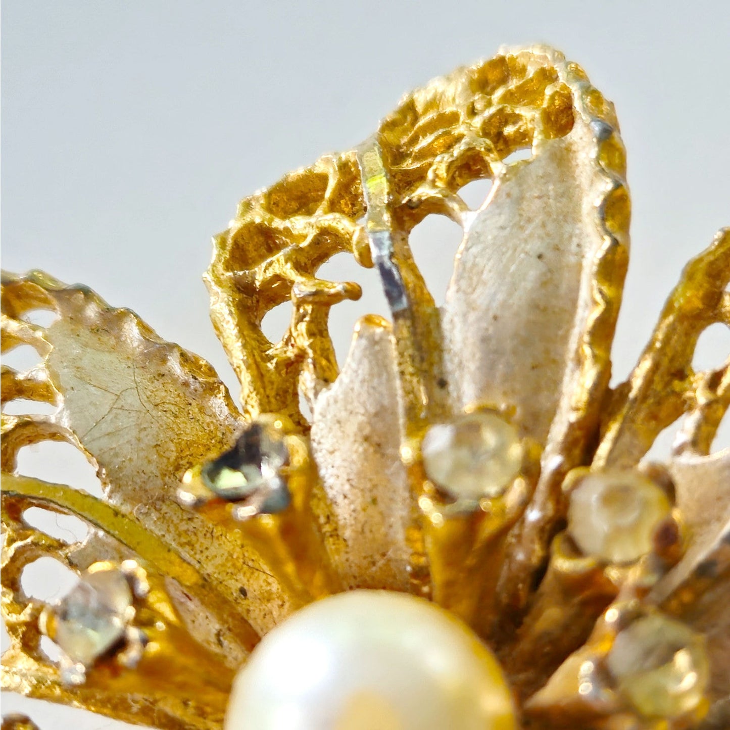 Vintage BSK Gold Tone  Flower Brooch | Mid Century Filigree Pearl Rhinestone Pin