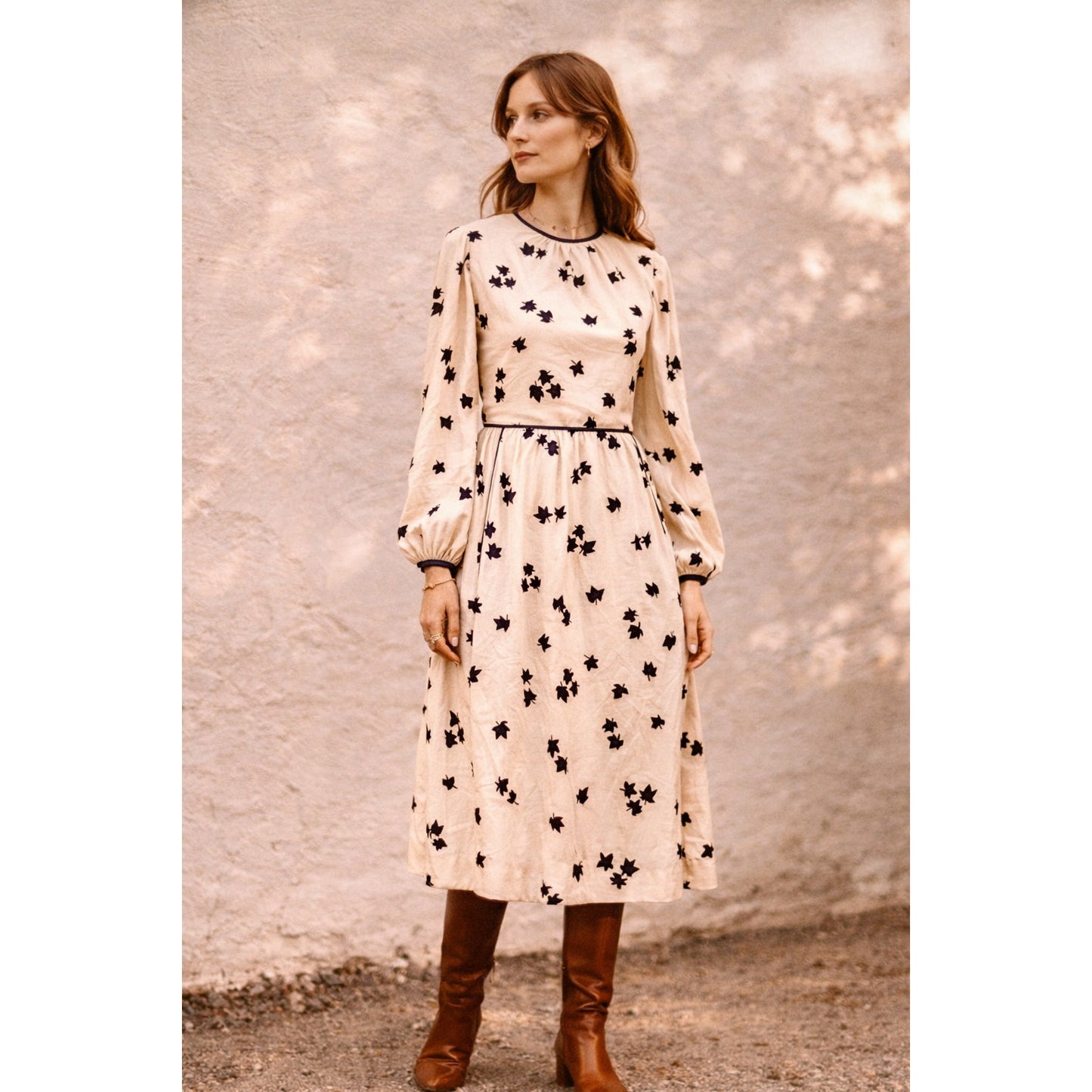 Vintage 1970s Cream & Navy Maple Leaf Print Midi Dress | Women's 4