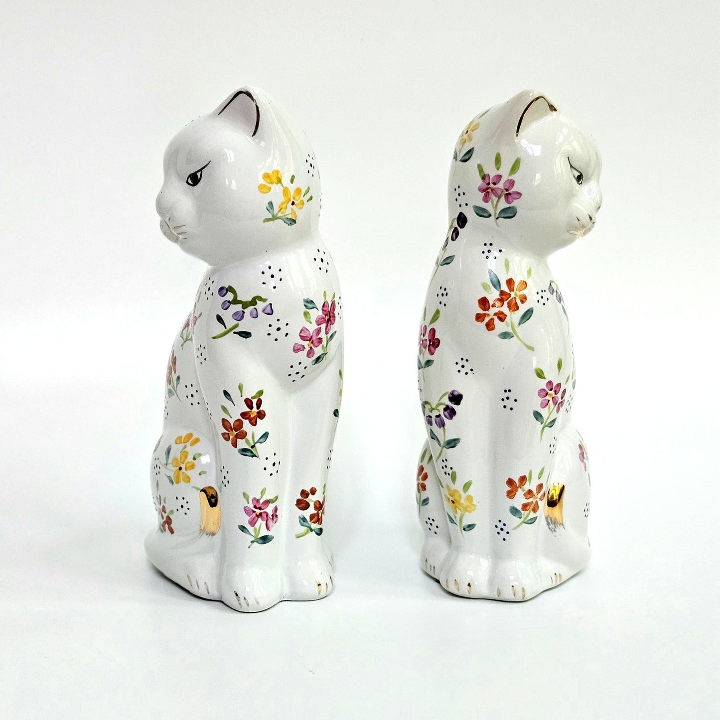 1970s Pair of White Floral Cat Figurines