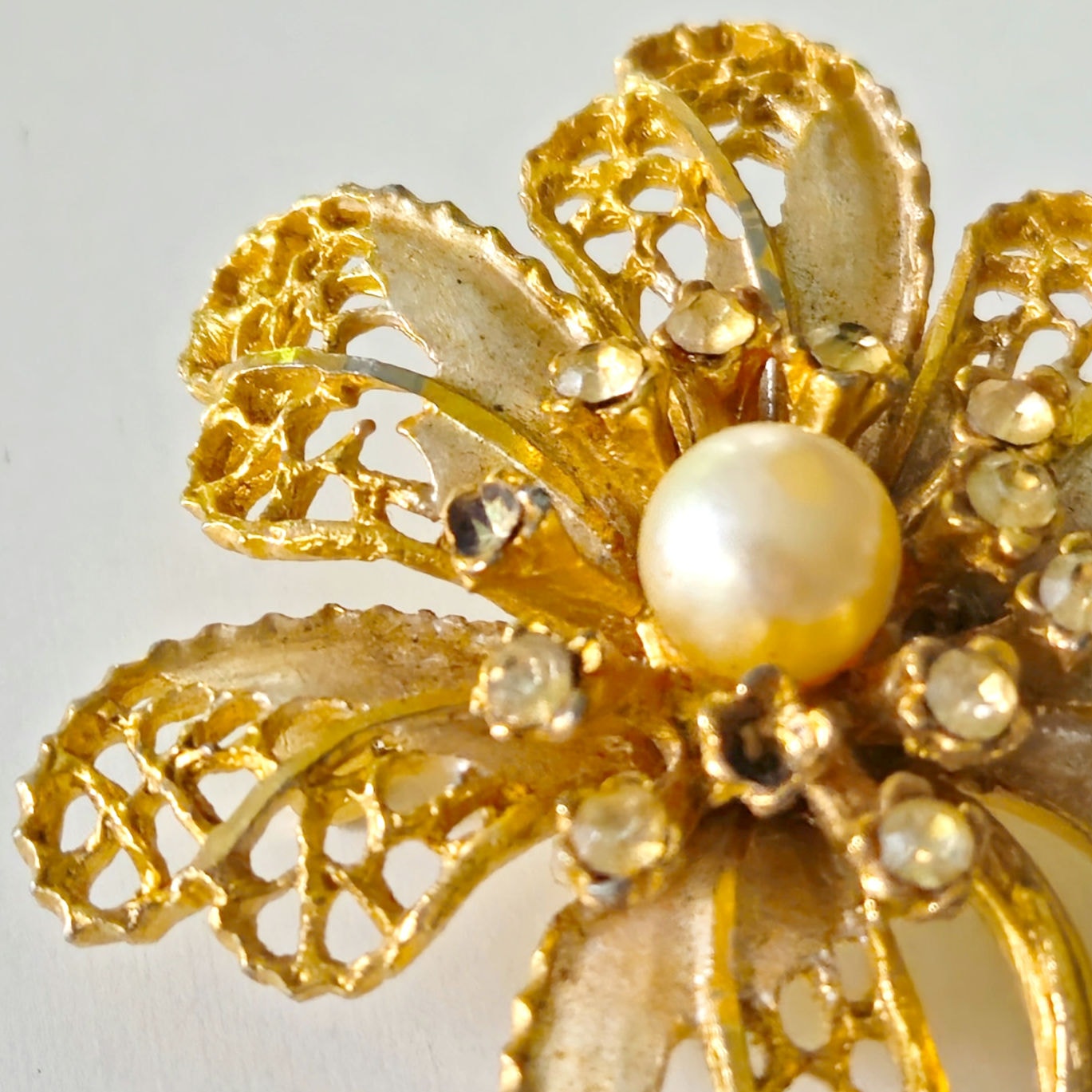 Vintage BSK Gold Tone  Flower Brooch | Mid Century Filigree Pearl Rhinestone Pin