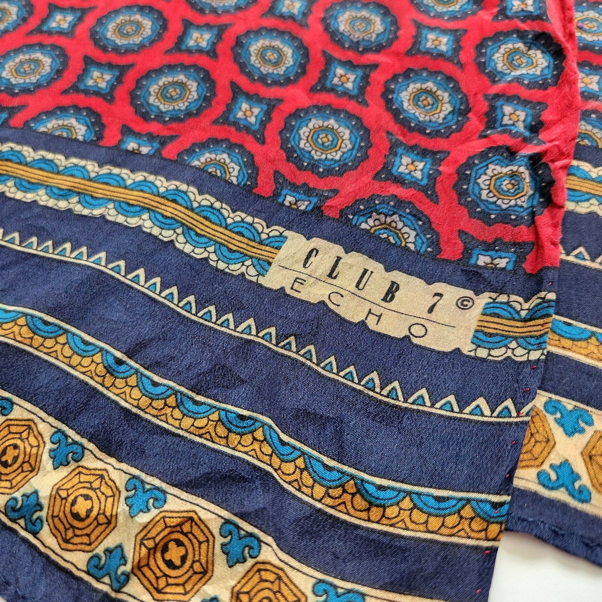 Vintage Club 7 Echo Silk Scarf | 1990s Red & Navy Geometric Print