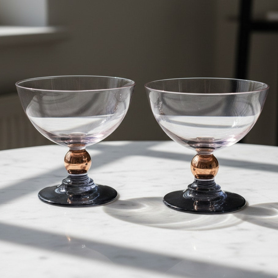 Vintage MCM Blush & Smoke Art Deco Glass Cocktail Coupes – Set of 2 Rose Copper Teal