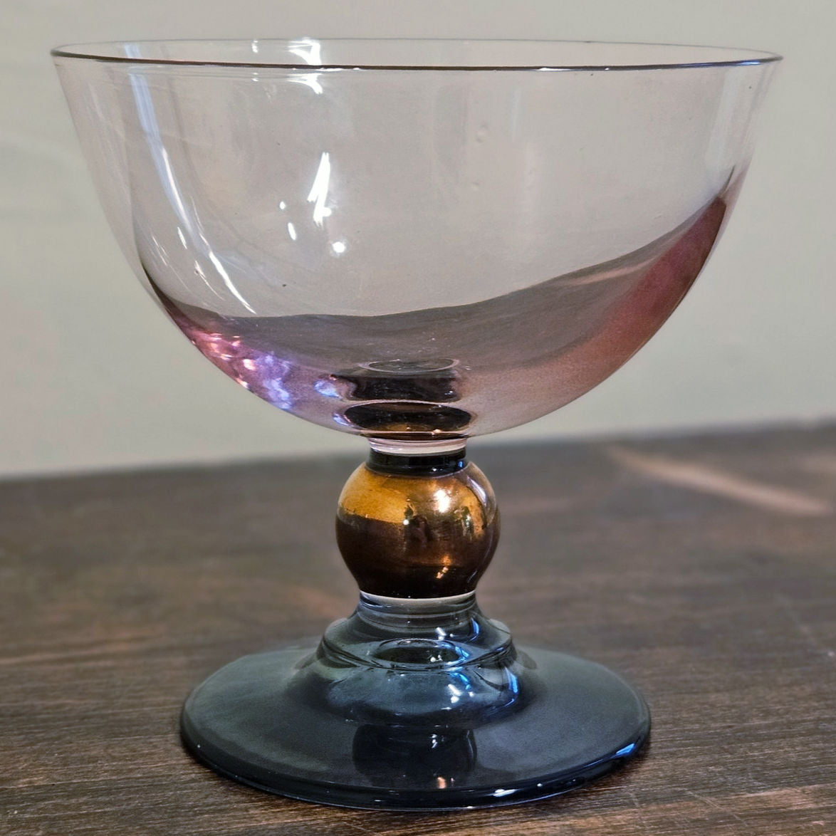 Vintage MCM Blush & Smoke Art Deco Glass Cocktail Coupes – Set of 2 Rose Copper Teal