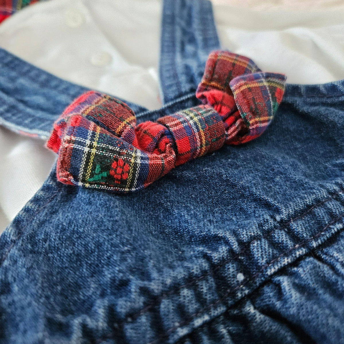 1980s OshKosh B'Gosh Denim Overalls & Tartan Blouse Set | Girls 18M