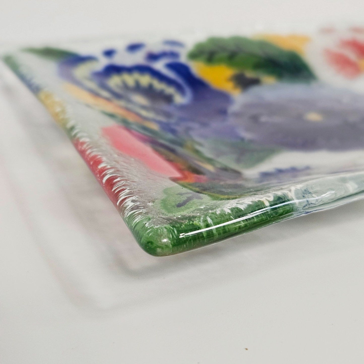 1990s Peggy Karr Pansies Fused Art Glass Rectangular Tray Trinket Dish