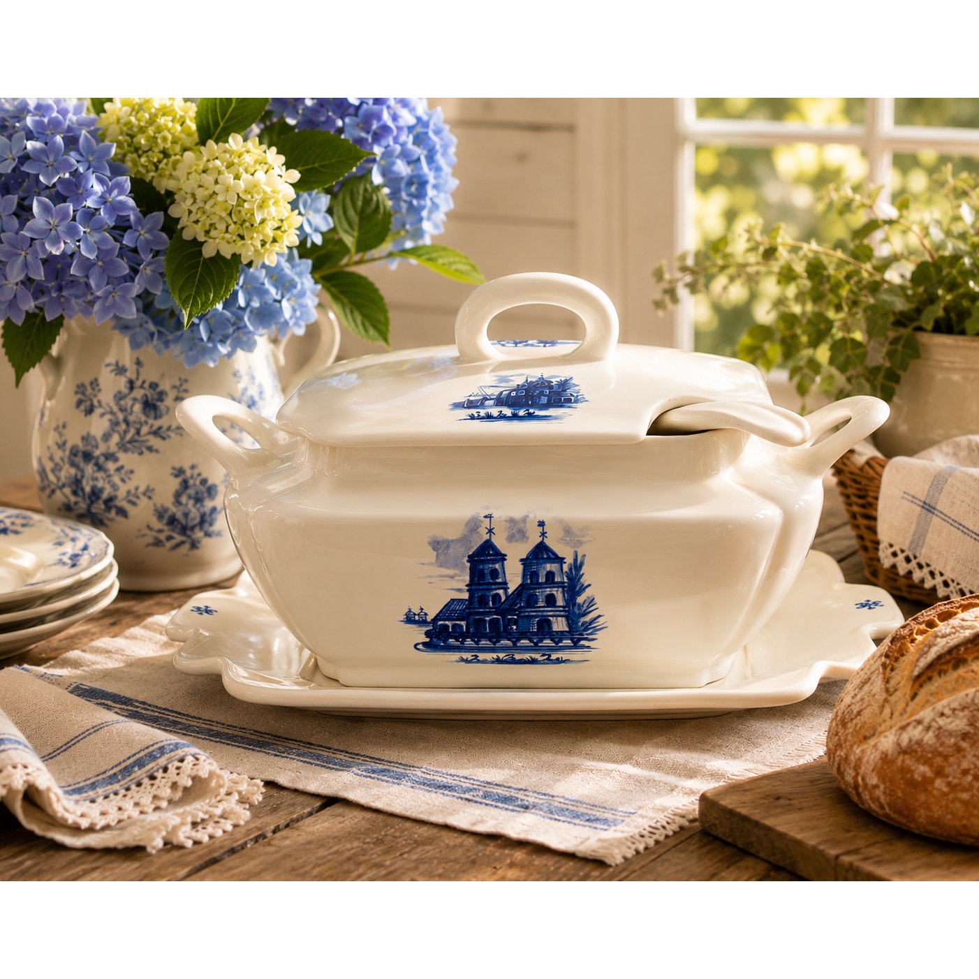 1970s Blue and White Covered Tureen with Underplate and Ladle