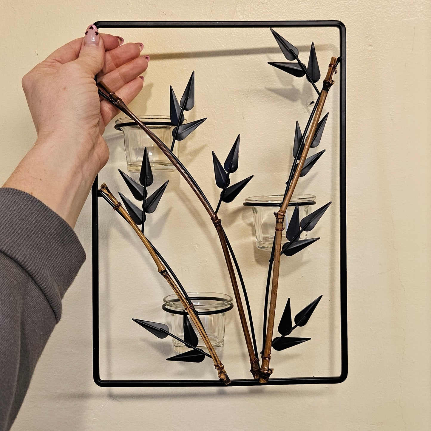 Vintage Bamboo & Metal Wall Candle Holder – 1970s Triple Glass Votive Sconce
