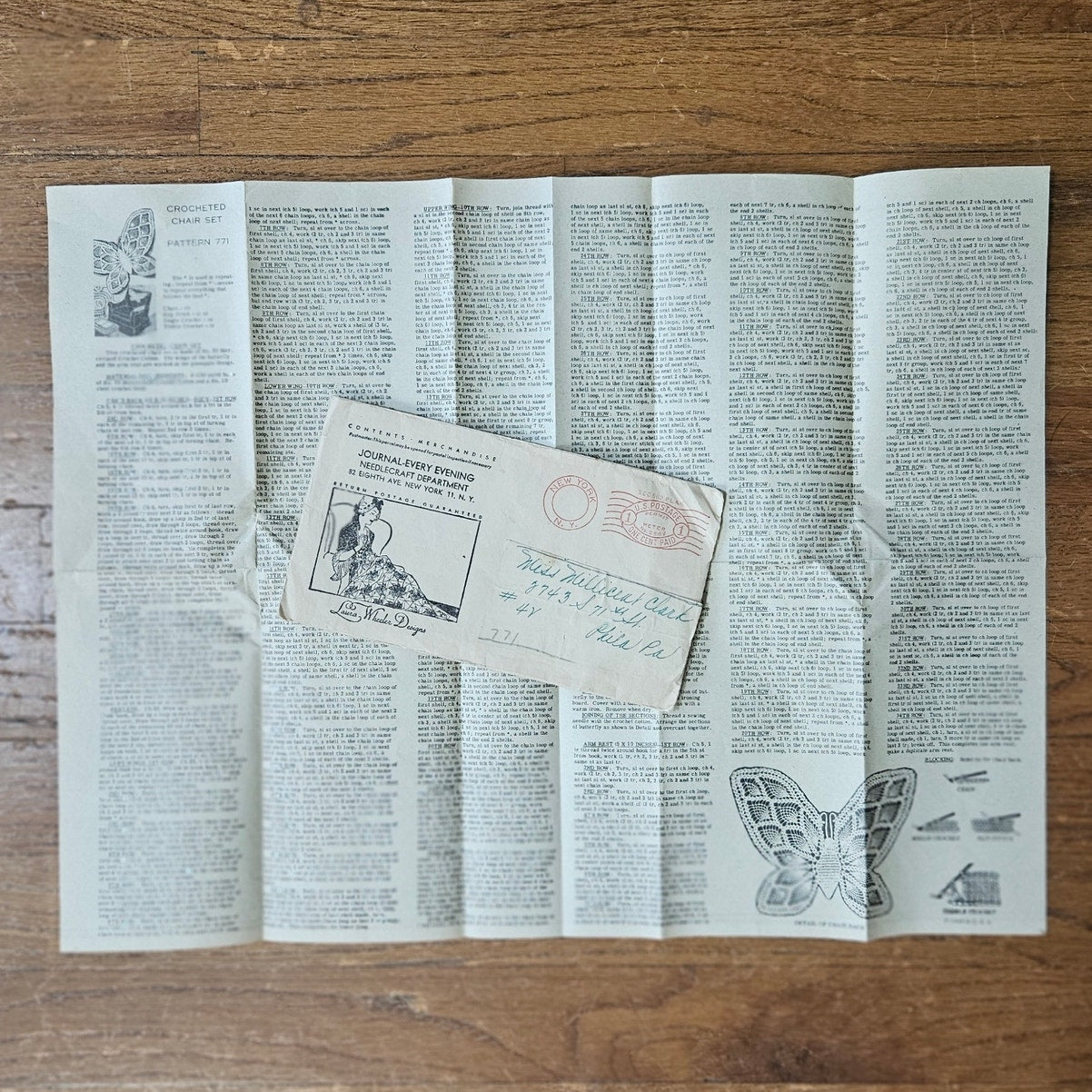 1952 Laura Wheeler Butterfly Crochet Pattern + Envelope