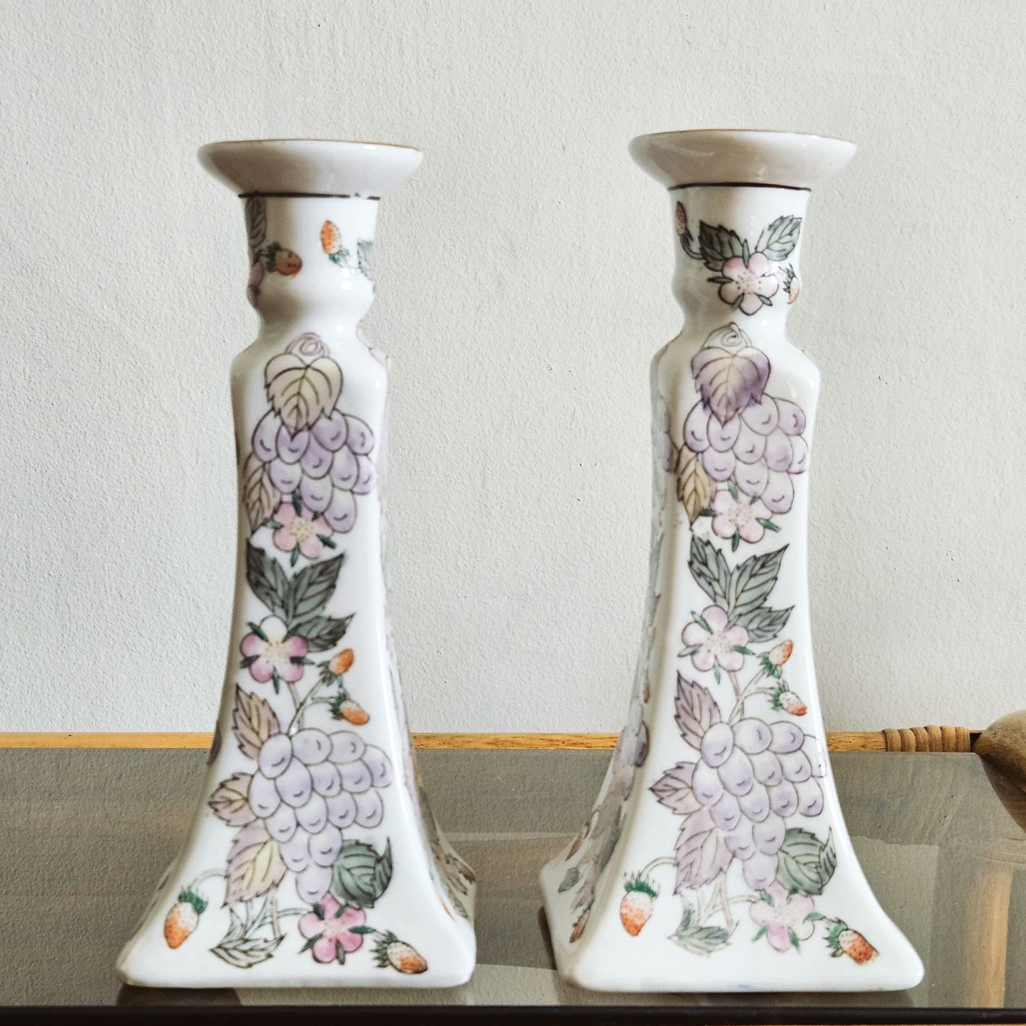 1980s Pair of Grapes & Strawberries Candlestick Holders