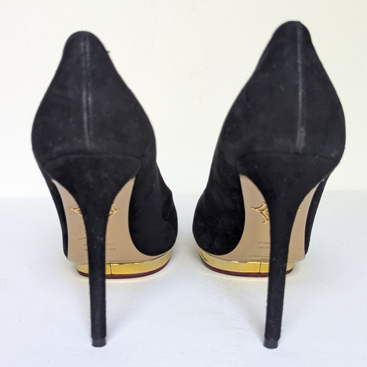 Charlotte Olympia Black Suede & Gold Debbie Pumps Women's 39 / 8.5