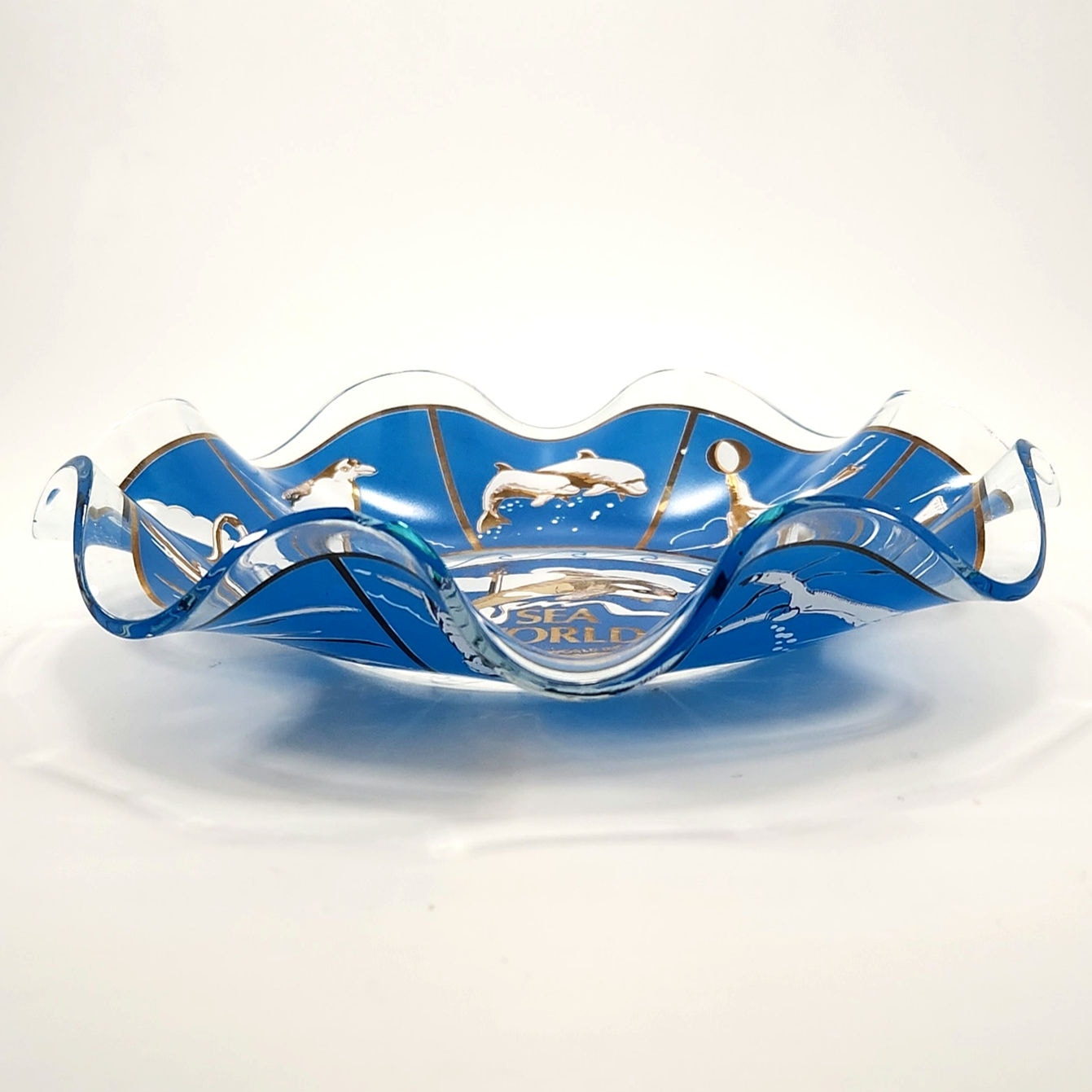 Vintage Sea World Souvenir Blue Glass Ruffled Edge Dish | 1970s Retro Shamu
