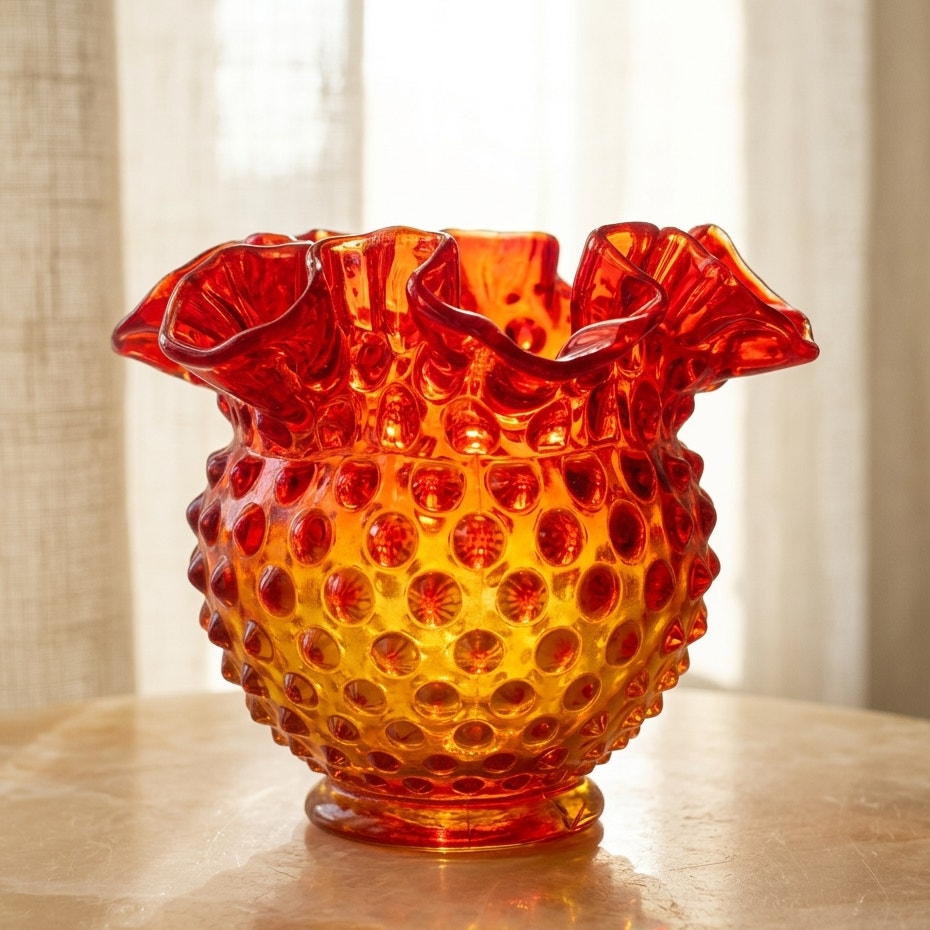 Vintage Amberina Hobnail Glass Rose Bowl