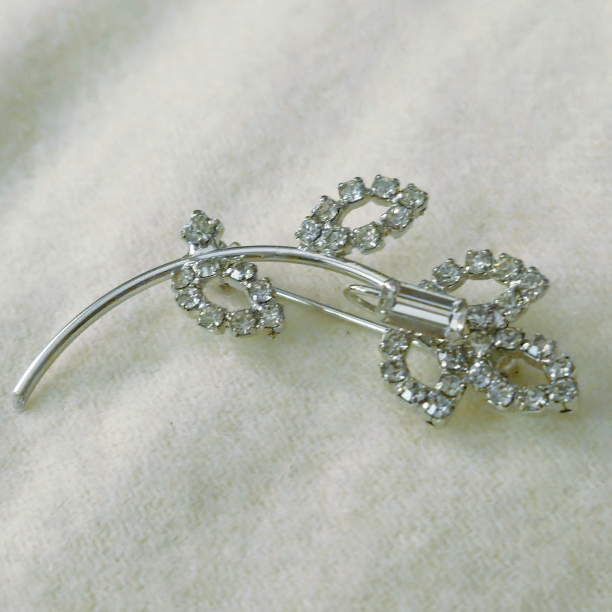 Vintage Silver Rhinestone Floral Brooch | Mid-Century Bridal Accent Pin