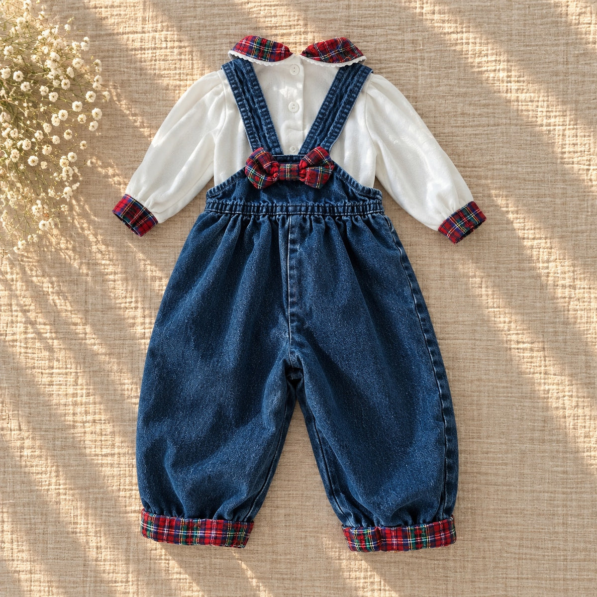 1980s OshKosh B'Gosh Denim Overalls & Tartan Blouse Set | Girls 18M
