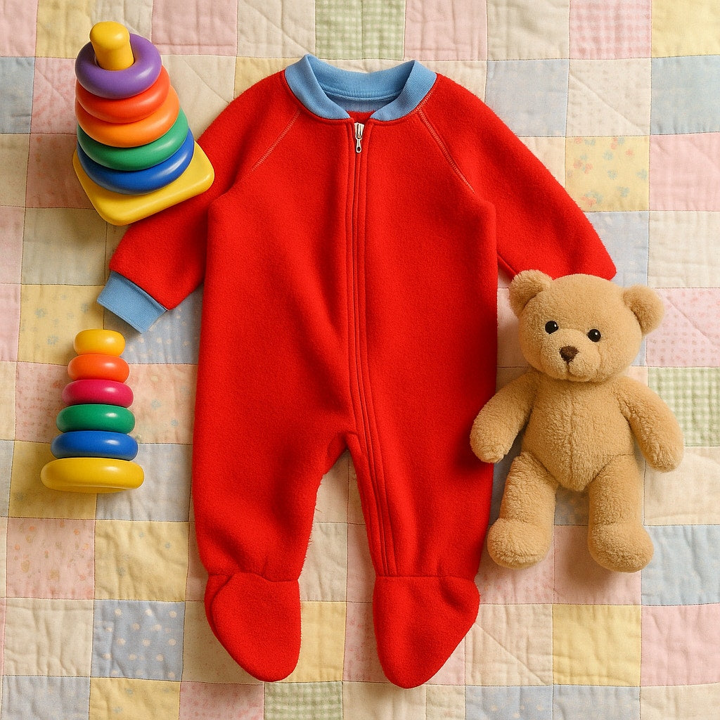 Vintage 1980s Gerber Red Fleece Infant Sleeper – Footed Baby Pajamas with Blue Trim | Zip Closure | Made in USA | Size 7-12 Months