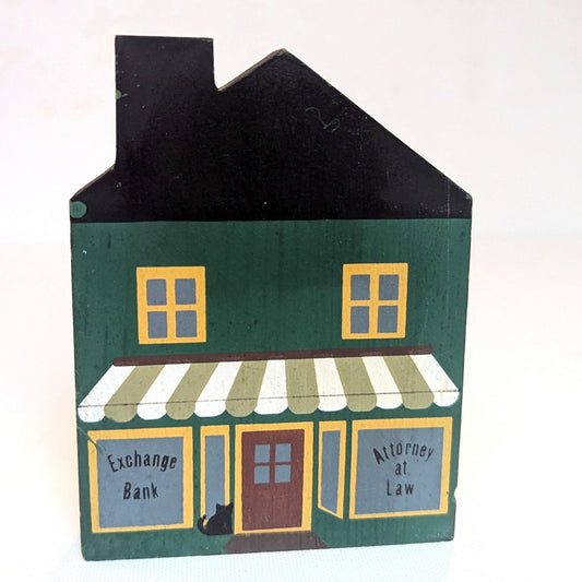 Cat’s Meow Village 1984 Attorney & Bank Green House Shelf Sitter – Vintage 1985 Signed Faline Jones Wooden Home Collectible