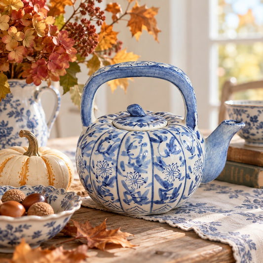 1980s Blue & White Pumpkin Teapot