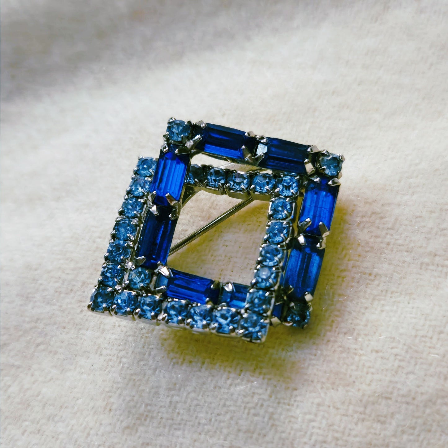 MCM Art Deco Square Blue Rhinestone Brooch
