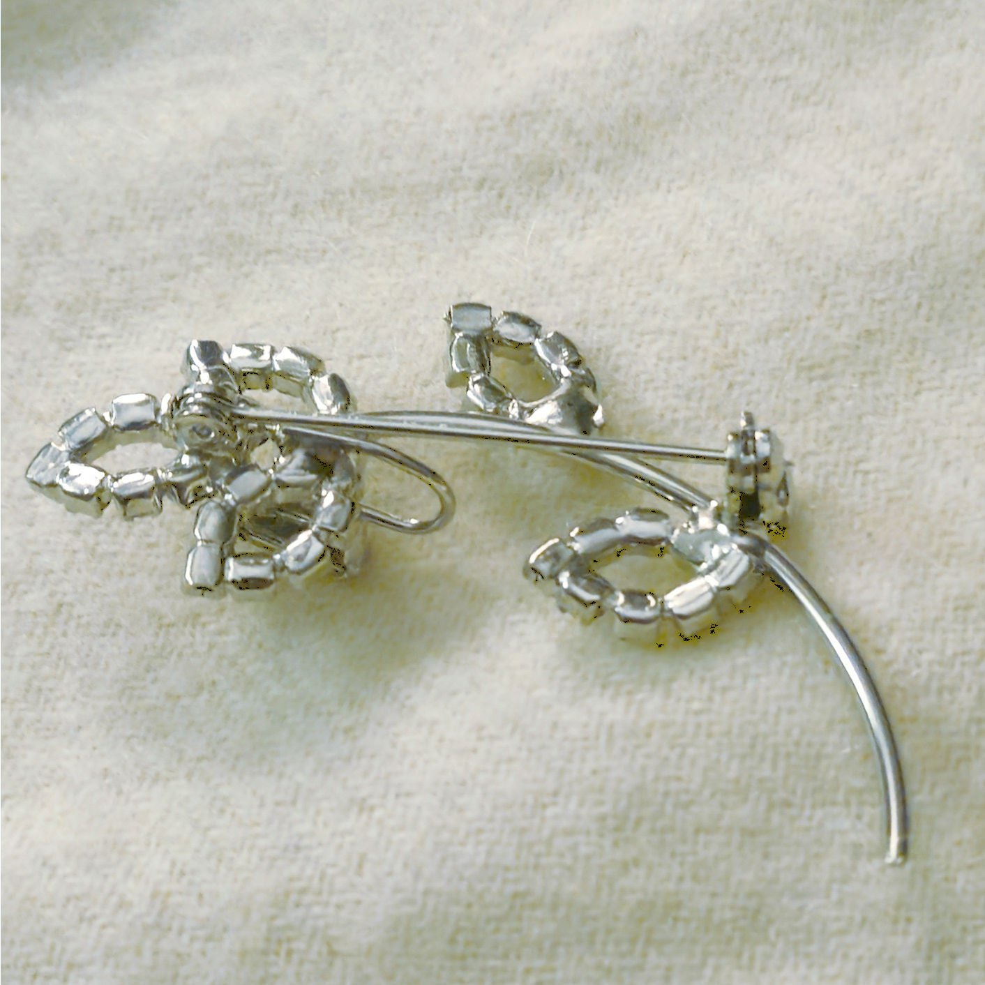 Vintage Silver Rhinestone Floral Brooch | Mid-Century Bridal Accent Pin